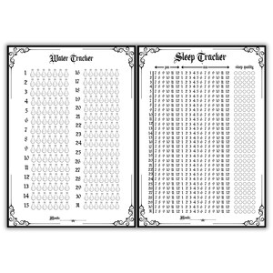 May include: Black and white printable tracker sheets for water intake and sleep tracking. The water tracker features a grid with 31 days and 15 rows of water bottles. The sleep tracker features a grid with 31 days and 24 hours, with a section for sleep quality.