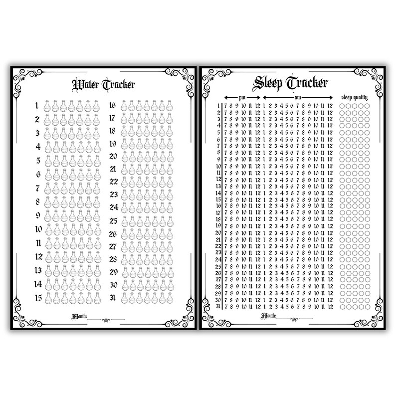 May include: Black and white printable tracker sheets for water intake and sleep tracking. The water tracker features a grid with 31 days and 15 rows of water bottles. The sleep tracker features a grid with 31 days and 24 hours, with a section for sleep quality.