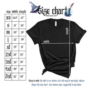 Puede incluir: Tabla de tallas para una camiseta unisex con medidas en pulgadas para el ancho y la longitud. Las tallas van de XS a 5XL. La tabla incluye el texto "Keep in mind the shirt is an Unisex Cut and may be oversized. Please cheque the size chart. For women sizes, suggested to size down."