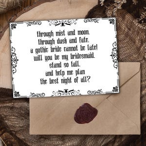 Cartão de proposta de madrinha gótica, cartão de casamento gótico preto, seja minha madrinha, cartão engraçado de casamento escuro, cartão de poema gótico pessoal para impressão em PDF para download