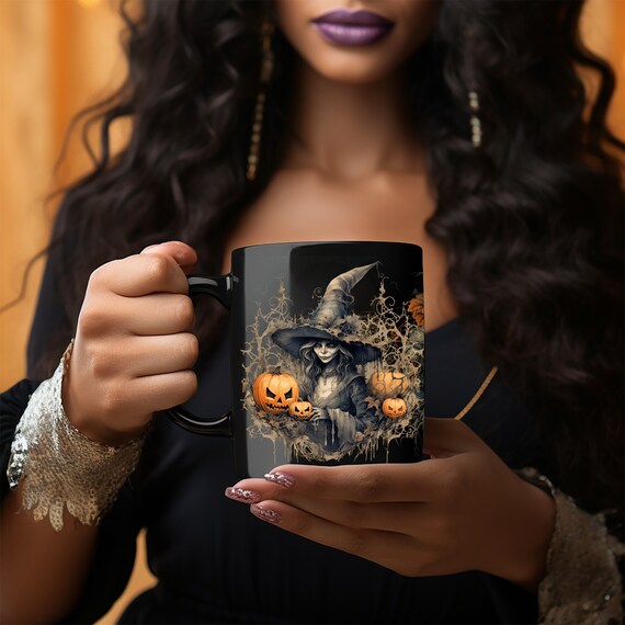 Witch Mug, Black Mug with Witches, Witches' Brew: Enchanting Ceramic Mug, 11oz Black Mug