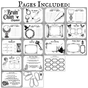 May include: A printable set of 12 black and white pages for a "Brain Chaos Organizer". The pages feature various spooky and gothic illustrations, including a coffin, a skull, a key, a clock, a raven, and a moon. The pages are designed for journaling, planning, and organizing.