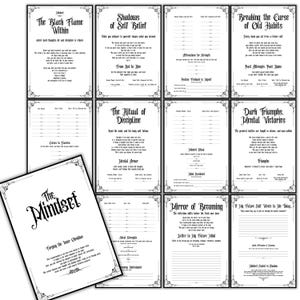 Op de afbeelding: Een verzameling zwart-wit afdrukbare pagina's met tekst in gotische stijl. De pagina's bevatten titels als "The Black Flame Within" en "The Mindset", met decoratieve randen. De pagina's zijn ontworpen voor journaling en zelfreflectie.