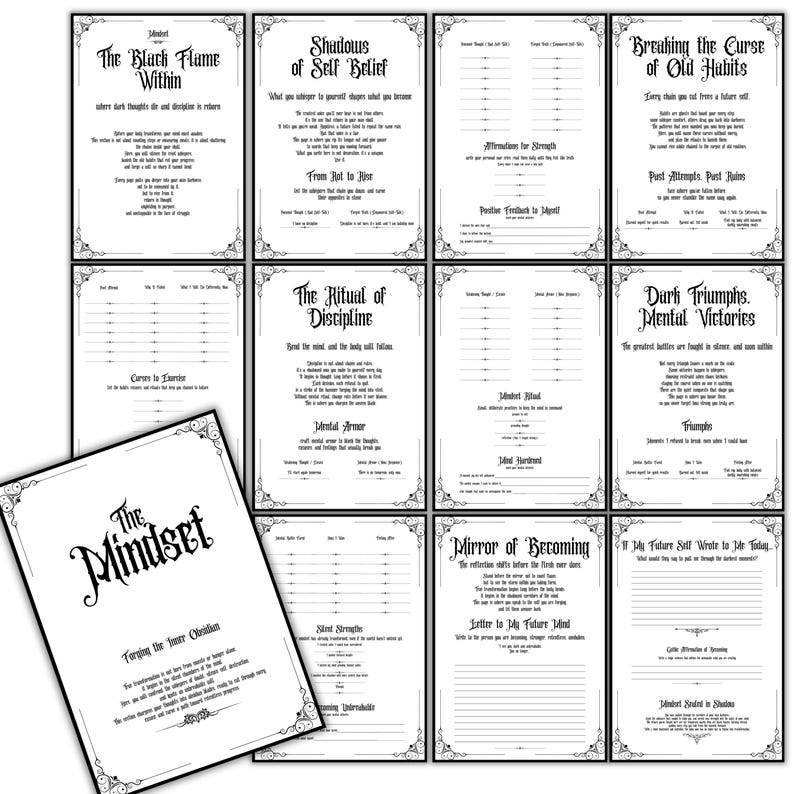 Op de afbeelding: Een verzameling zwart-wit afdrukbare pagina's met tekst in gotische stijl. De pagina's bevatten titels als "The Black Flame Within" en "The Mindset", met decoratieve randen. De pagina's zijn ontworpen voor journaling en zelfreflectie.