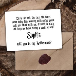 Cartão de proposta de madrinha gótica personalizada, casamento gótico preto, seja minha madrinha, cartão engraçado, casamento escuro, poema gótico pessoal para impressão, download