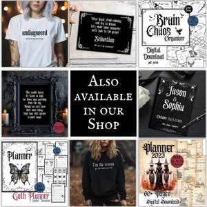 May include: Collection of gothic-themed products, including a white t-shirt with the word "undiagnosed", a black invitation, a planner, and a black notebook. Also includes a black framed quote and a black hoodie with text.