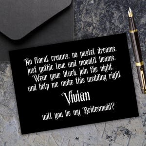 Cartão de proposta de madrinha gótica personalizada, casamento gótico preto, seja minha madrinha, cartão engraçado, casamento escuro, poema gótico pessoal para impressão, download