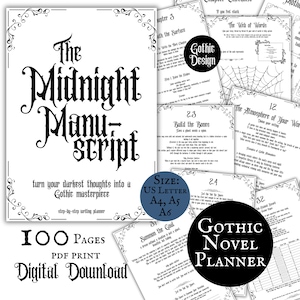 Könnte beinhalten: Ein digitaler Gothic-Roman-Planer mit dem Titel "The Midnight Manuscript" in schwarzer Schrift. Der Planer umfasst 100 Seiten und ist in den Größen A4, A5 und A6 erhältlich. Der Text lautet: "Verwandeln Sie Ihre dunkelsten Gedanken in ein gotisches Meisterwerk".