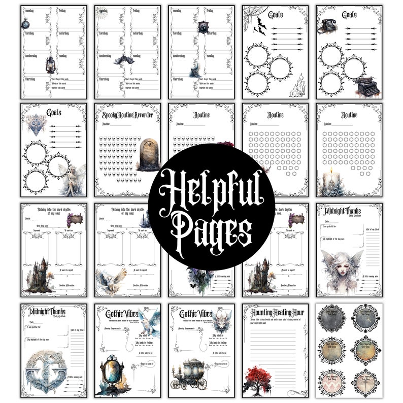 May include: A set of printable planner pages with a gothic theme. The pages include sections for goals, routines, gratitude, and more. The pages are decorated with illustrations of bats, owls, castles, and other gothic imagery.