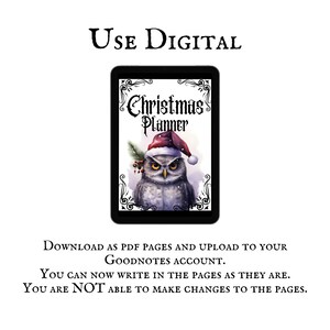 May include: A digital Christmas planner with a snowy owl wearing a Santa hat on the cover. The text "Christmas Planner" is in a black script font.