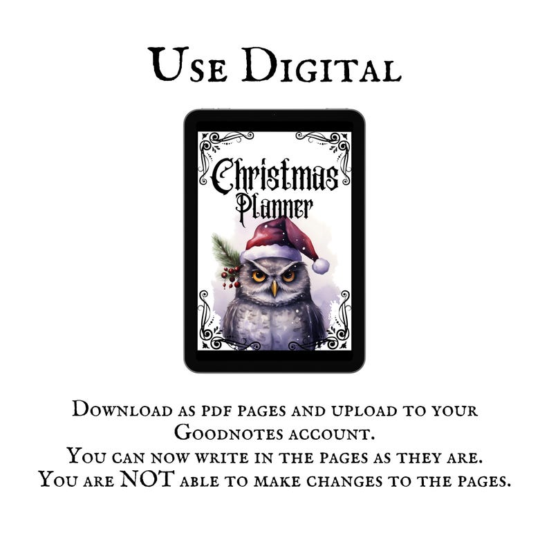 May include: A digital Christmas planner with a snowy owl wearing a Santa hat on the cover. The text "Christmas Planner" is in a black script font.