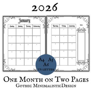 Puede incluir: Calendario 2026 de diseño gótico minimalista, mostrando un mes en dos páginas. La página izquierda muestra enero, y la derecha tiene una sección de notas. Disponible en tamaños A4, A5, A6 y US Letter.