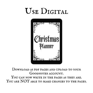 K&ouml;nnte beinhalten: Ein schwarz-wei&szlig;er digitaler Planer mit dem Text "Christmas Planner" auf einem Tablet-Bildschirm. Der Text "USE DIGITAL" befindet sich &uuml;ber dem Tablet. Der Text unter dem Tablet lautet "LADEN SIE DIE SEITEN ALS PDF-DATEIEN HERUNTER UND LADEN SIE SIE IN IHR GOODNOTES-KONTO HOCH. SIE K&Ouml;NNEN JETZT IN DIE SEITEN SCHREIBEN, WIE SIE SIND. SIE K&Ouml;NNEN DIE SEITEN NICHT &Auml;NDERN."