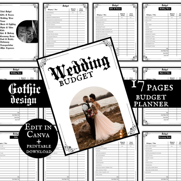 Wedding Budget Planner Gothic Design, Wedding Finance Organizer Editable Goth Planner Vintage Wedding Budget Schedule, Dark Moody Wedding