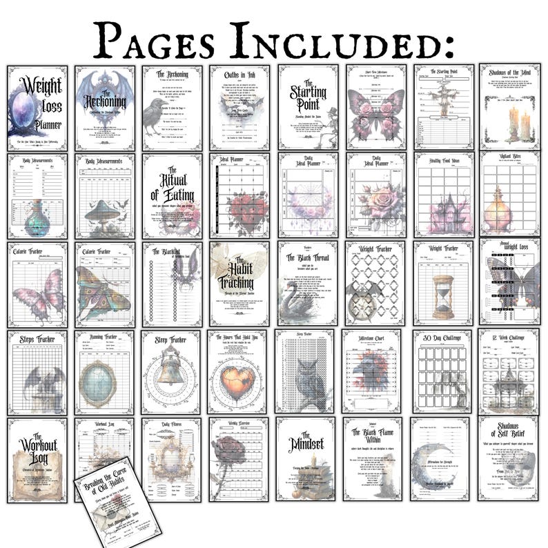 May include: A collection of printable planner pages with various designs and titles, including "Weight Loss Planner," "The Reckoning," and "The Ritual of Eating." Each page features decorative borders and gothic-style illustrations.