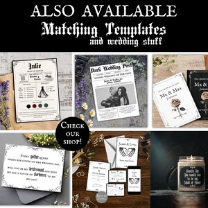 May include: A collection of printable wedding templates with a gothic theme. The templates include a wedding announcement, a save the date card, a bridesmaid proposal card, and a maid of honor proposal card. The designs feature black and white illustrations with gothic fonts.