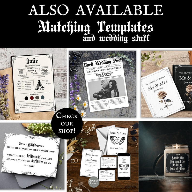 May include: A collection of printable wedding templates with a gothic theme. The templates include a wedding announcement, a save the date card, a bridesmaid proposal card, and a maid of honor proposal card. The designs feature black and white illustrations with gothic fonts.