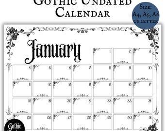 Calendario mensual gótico sin fecha, calendario pagano apaisado, páginas de descarga digital, grimorio imprimible, planificador mensual minimalista gótico