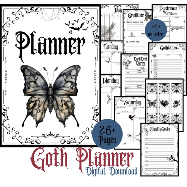 Witchy Goth Printable Daily Planner-Pages, 2024 Planning A4 and US Letter Download, Minimalistic Goth Journal, Pagan Printable Goals Pages