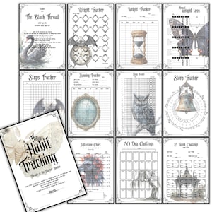 May include: A collection of printable habit tracking pages with gothic-style illustrations. The pages include trackers for weight, steps, running, sleep, and a 30-day challenge. The cover features the text "The Habit Tracking" with a moth illustration.