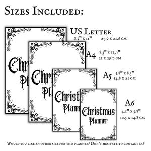 K&ouml;nnte beinhalten: Eine druckbare Weihnachtsplaner-Vorlage in vier verschiedenen Gr&ouml;&szlig;en: US Letter (8,5 x 11 Zoll), A4 (8,3 x 11,7 Zoll), A5 (5,8 x 8,3 Zoll) und A6 (4,1 x 5,8 Zoll).