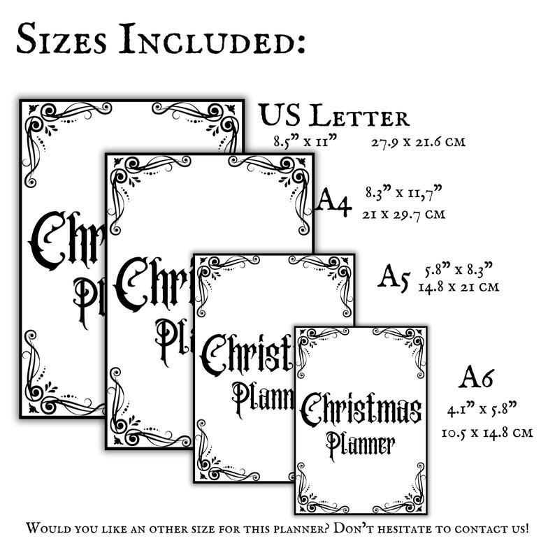 K&ouml;nnte beinhalten: Eine druckbare Weihnachtsplaner-Vorlage in vier verschiedenen Gr&ouml;&szlig;en: US Letter (8,5 x 11 Zoll), A4 (8,3 x 11,7 Zoll), A5 (5,8 x 8,3 Zoll) und A6 (4,1 x 5,8 Zoll).