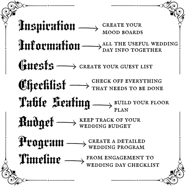 May include: A black and white printable checklist for wedding planning. The checklist includes categories such as inspiration, information, guests, checklist, table seating, budget, program, and timeline. Each category has a corresponding task or description.