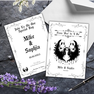 Faire-part de mariage gothique, conception de fantômes en téléchargement imprimable, modèle d'invitation, carte de mariage romantique sombre, téléchargement immédiat Witchy Goth
