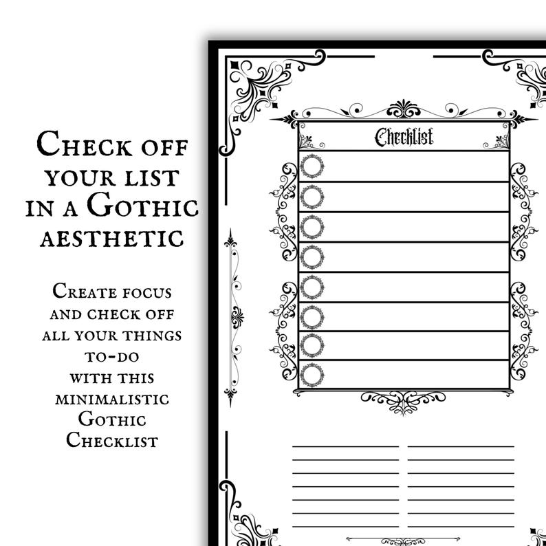 Gothic Checklist Planner Page Printable Download Minimalistic Goth Core ...