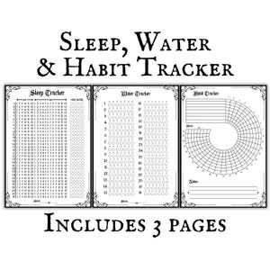 May include: Black and white printable tracker sheets for sleep, water intake, and habit tracking. The sheets feature a simple design with a title at the top and a grid for tracking.