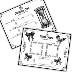 May include: Two printable black and white checklists with gothic-style borders and illustrations. The first checklist is titled "The Doomsday Clock" and the second checklist is titled "The Velvet Noose".