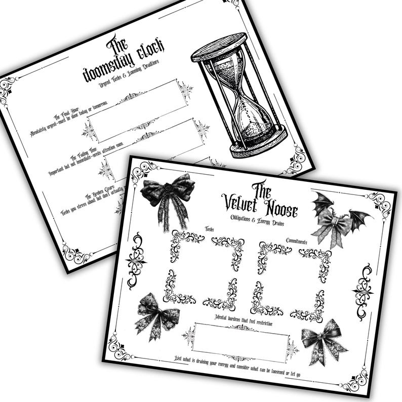 May include: Two printable black and white checklists with gothic-style borders and illustrations. The first checklist is titled "The Doomsday Clock" and the second checklist is titled "The Velvet Noose".