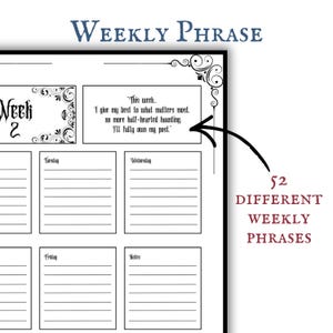 May include: A white weekly planner featuring the text "Weekly Phrase". It has sections for each day, with a weekly quote. The image also displays "52 Different Weekly Phrases". The planner has decorative flourishes.