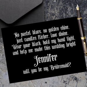 Cartão de proposta de madrinha gótica personalizada, casamento gótico preto, seja minha madrinha, cartão engraçado, casamento escuro, poema gótico pessoal para impressão, download