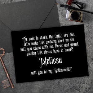 Cartão de proposta de madrinha gótica personalizada, casamento gótico preto, seja minha madrinha, cartão engraçado, casamento escuro, poema gótico pessoal para impressão, download
