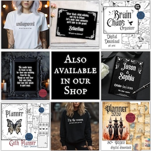 May include: A selection of gothic-style items, including a white t-shirt with the word "undiagnosed", a black invitation, a planner, and a black framed print. Also includes a black hoodie with text and a planner.