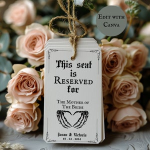 Plantilla de tarjetas de nombre de asiento Moody Wedding Diseño gótico Asiento reservado, Etiquetas de silla Boda, Tarjeta de asiento de boda editable Descarga imprimible