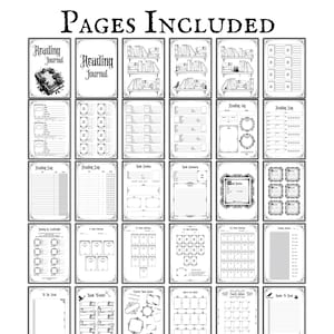 Puede incluir: Imagen en blanco y negro de un diario de lectura con varias p&aacute;ginas. Las p&aacute;ginas incluyen registros de lectura, res&uacute;menes de libros y p&aacute;ginas de seguimiento de libros. El texto "PAGES INCLUDED" est&aacute; en la parte superior de la imagen.
