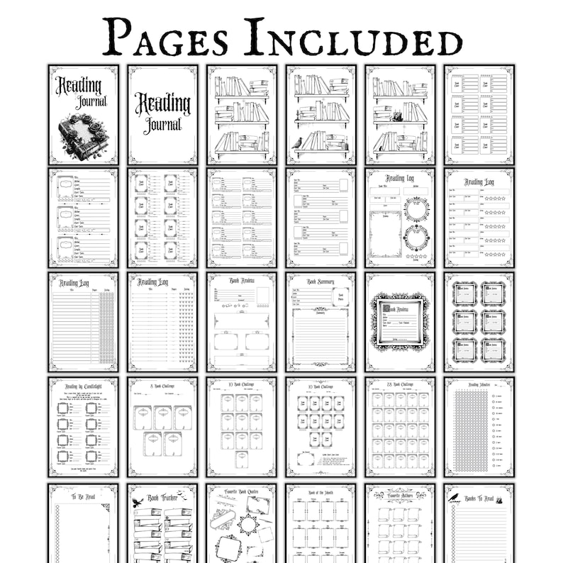 Puede incluir: Imagen en blanco y negro de un diario de lectura con varias p&aacute;ginas. Las p&aacute;ginas incluyen registros de lectura, res&uacute;menes de libros y p&aacute;ginas de seguimiento de libros. El texto "PAGES INCLUDED" est&aacute; en la parte superior de la imagen.