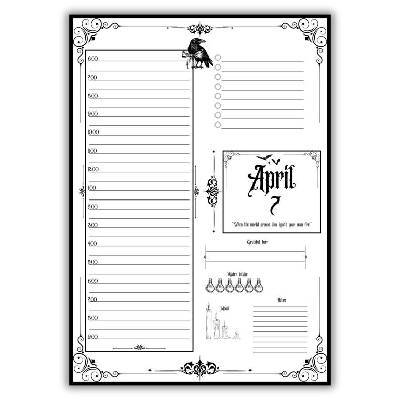 May include: A monochrome daily planner featuring a raven illustration and ornate borders. It includes sections for time management, tasks, and notes. The date "April 7" is displayed. Metric measurements are used.