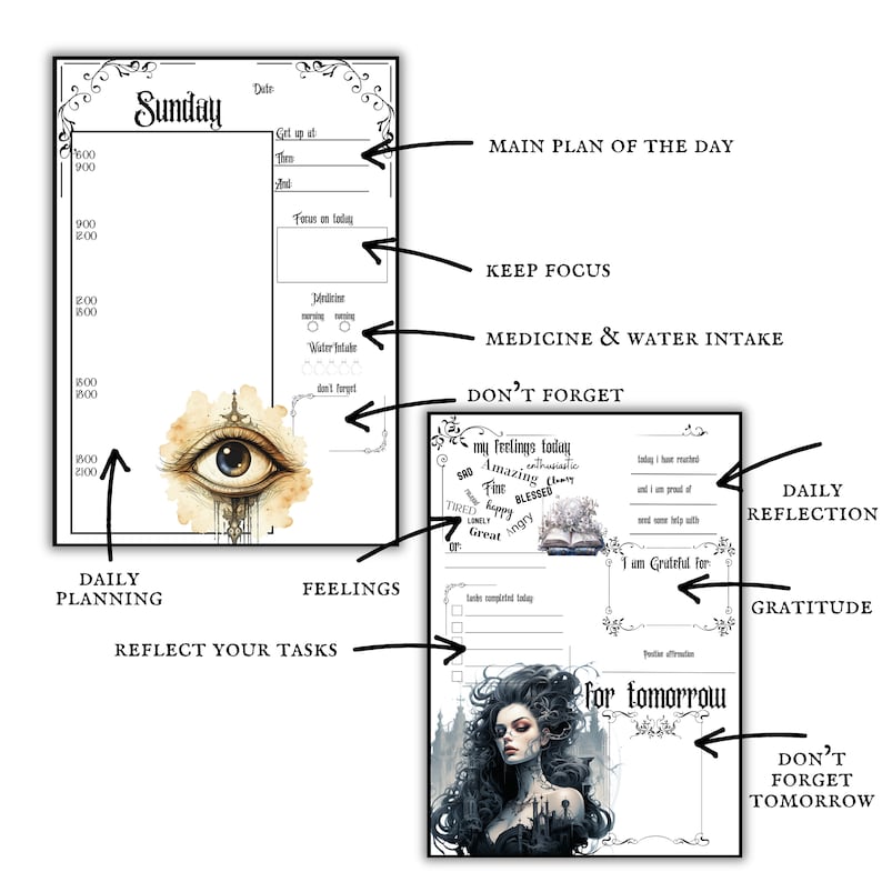 May include: A printable planner page with a black and white design. The page is divided into sections for daily planning, feelings, and reflection. The page includes a large eye illustration, a section for tracking water intake, and a section for listing tasks to be completed tomorrow.