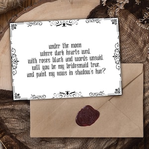 Cartão de proposta de madrinha gótica, cartão de casamento gótico preto, seja minha madrinha, cartão engraçado de casamento escuro, cartão de poema gótico pessoal para impressão em PDF para download