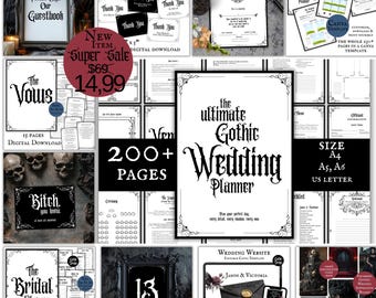 El planificador de bodas gótico definitivo Boda organizada Diseño minimalista Páginas de descarga digital Sitio web de bodas Damas de honor Carpeta de bodas