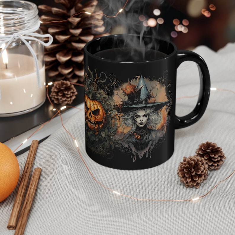 Witch Mug, Black Mug with Witches, Witches' Brew: Enchanting Ceramic Mug, 11oz Black Mug image 3