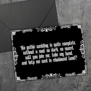 Cartão de proposta de madrinha gótica, cartão de casamento gótico preto, seja minha madrinha, cartão engraçado de casamento escuro, cartão de poema gótico pessoal para impressão em PDF para download