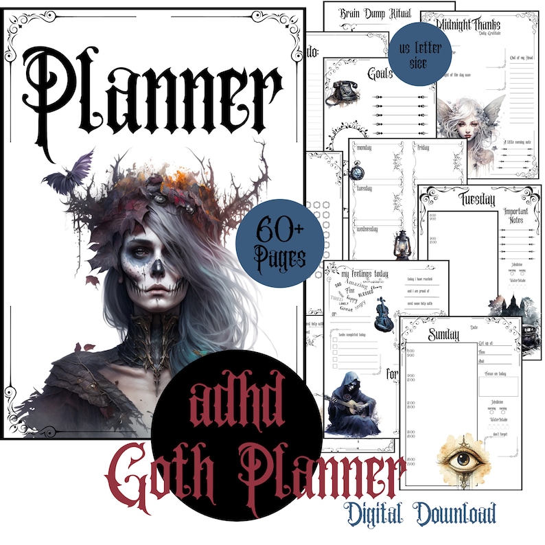 May include: A digital planner with a gothic theme. The cover features a woman with a skull face and a crown of thorns. The planner includes pages for daily, weekly, and monthly planning, as well as sections for goal setting, brain dumps, and gratitude journaling. The text "adhd Goth Planner" and "Digital Download" are also visible.