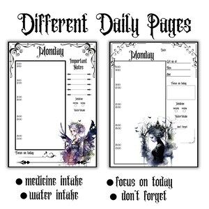 May include: Two printable daily planner pages with a gothic theme. The left page features a fairy illustration and the right page features a woman with a dark forest background. Both pages include sections for important notes, medicine intake, water intake, and focus on today. The pages are titled "Monday".