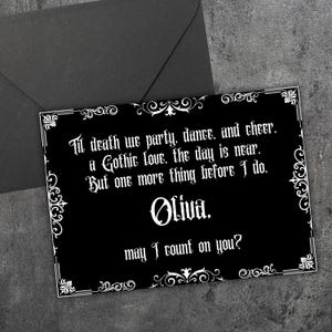 Cartão de proposta de madrinha gótica personalizada, casamento gótico preto, seja minha madrinha, cartão engraçado, casamento escuro, poema gótico pessoal para impressão, download