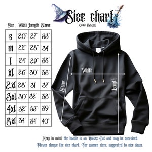 May include: Size chart for a black hoodie with measurements in inches for width, length, and sleeve length. The chart shows sizes from S to 5XL. Gildan 18800.