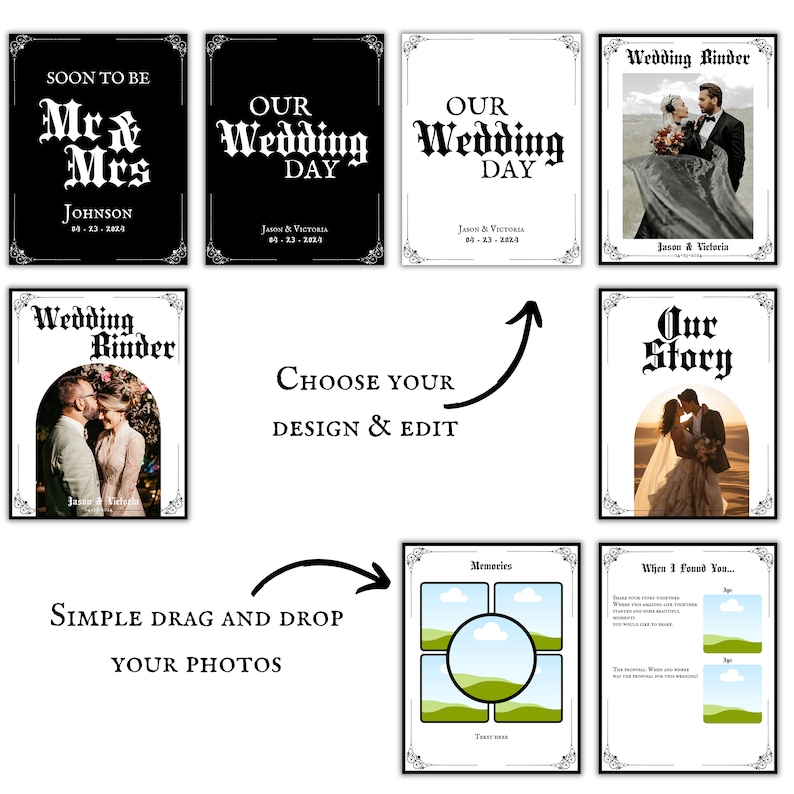May include: A digital template for a wedding binder with different design options. The designs include a black and white color scheme with gothic font and a variety of images. The text on the designs includes "Wedding Binder", "Our Wedding Day", "Mr & Mrs", "Our Story", "Memories", and "When I Found You..."